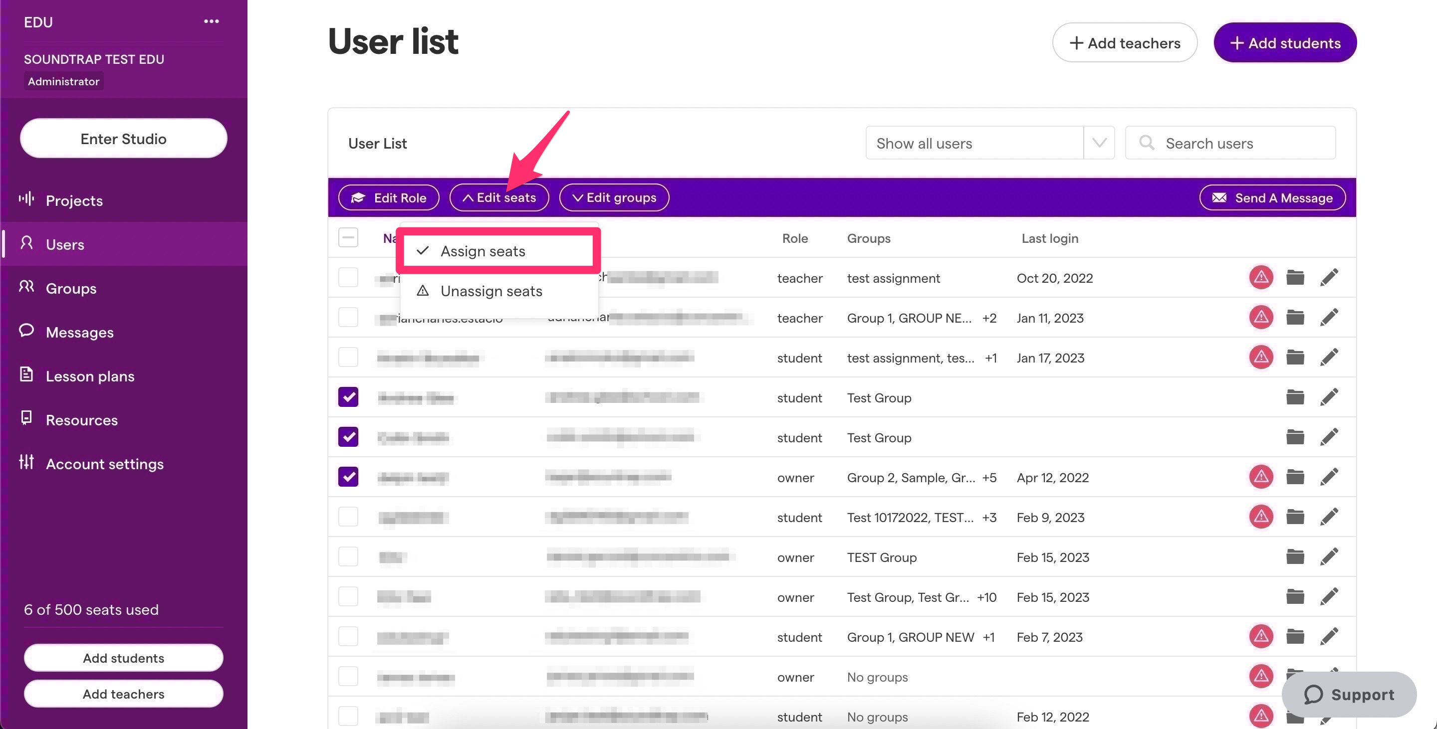 Image of Soundtrap user list with a box and arrow pointing to Assign seats