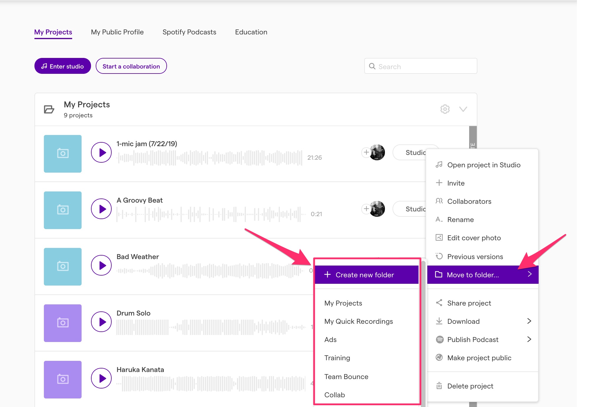 How to move a project between folders Soundtrap Support